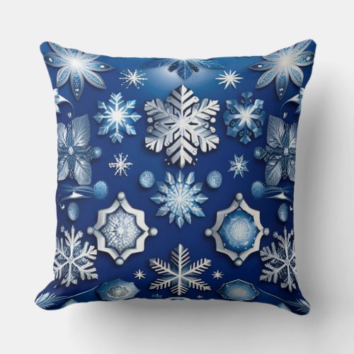 Blue Snowflake Motif Throw Pillow
