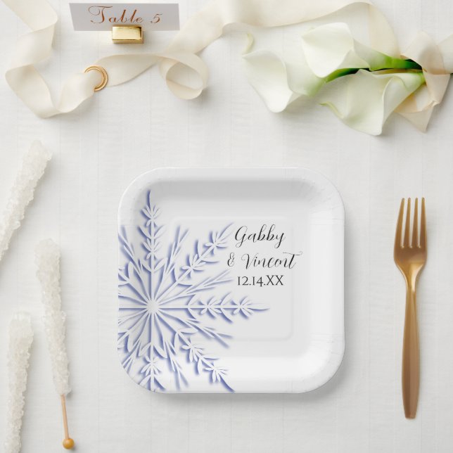 Blue Snowflake on White Winter Wedding Paper Plates (Wedding)