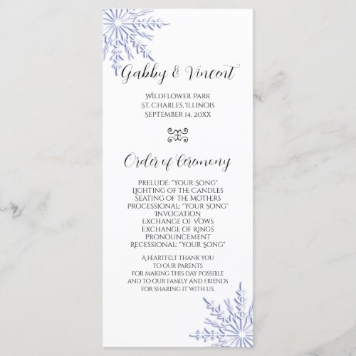 Blue Snowflake on White Winter Wedding Program