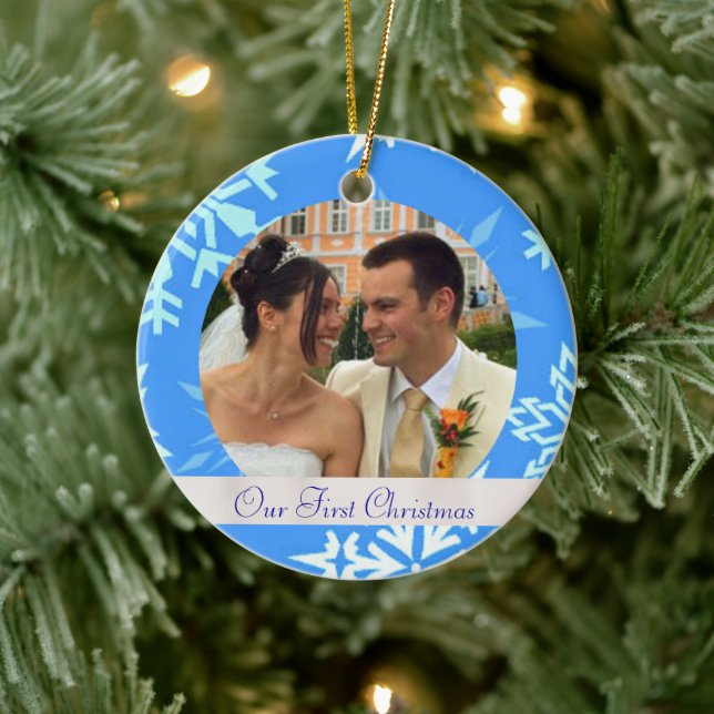 Blue Snowflake Our First Christmas Photo Ornament (Tree)