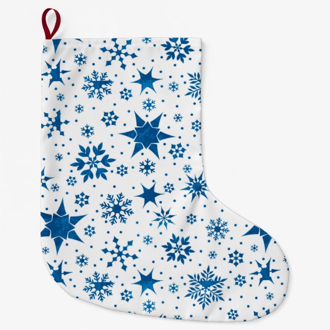 Blue Snowflake Pattern Large Christmas Stocking (Front)