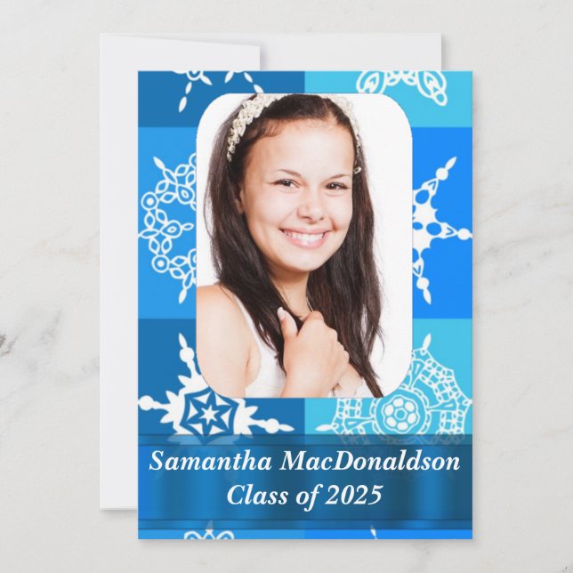 Blue snowflake pattern photo graduation invitation (Front)