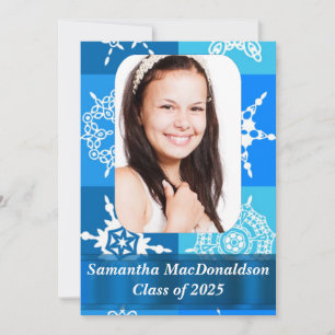 Blue snowflake pattern photo graduation invitation