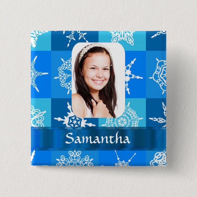 Blue snowflake pattern photo template button (Front)