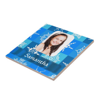 Blue snowflake pattern photo template ceramic tile