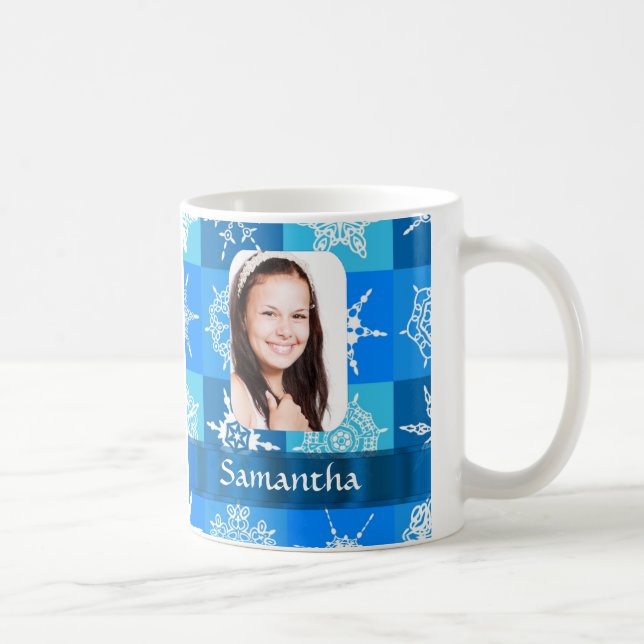 Blue snowflake pattern photo template coffee mug (Right)