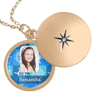 Blue snowflake pattern photo template locket necklace