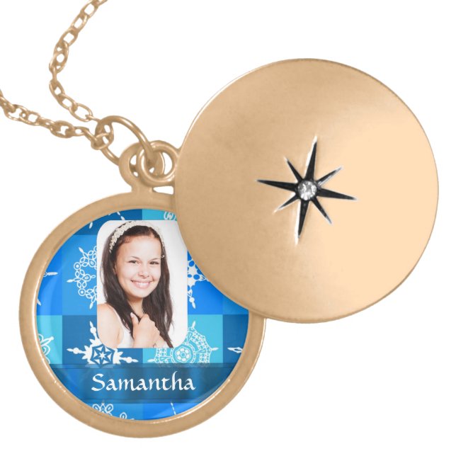 Blue snowflake pattern photo template locket necklace (Front)