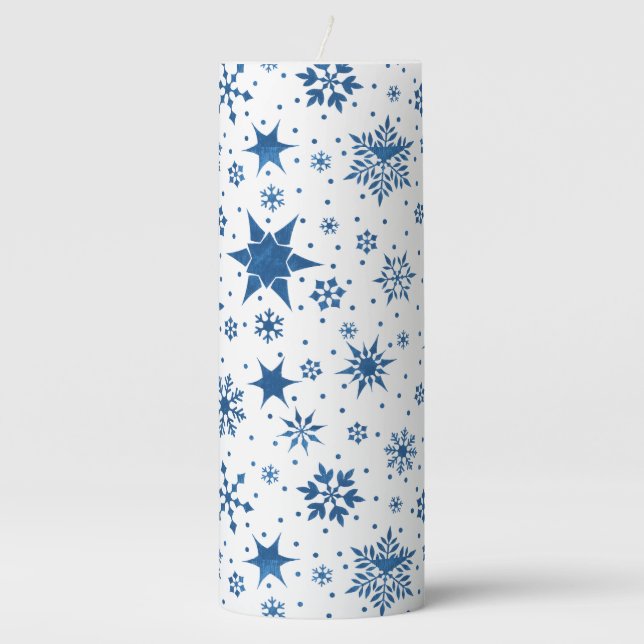 Blue Snowflake Pattern Pillar Candle (Front)