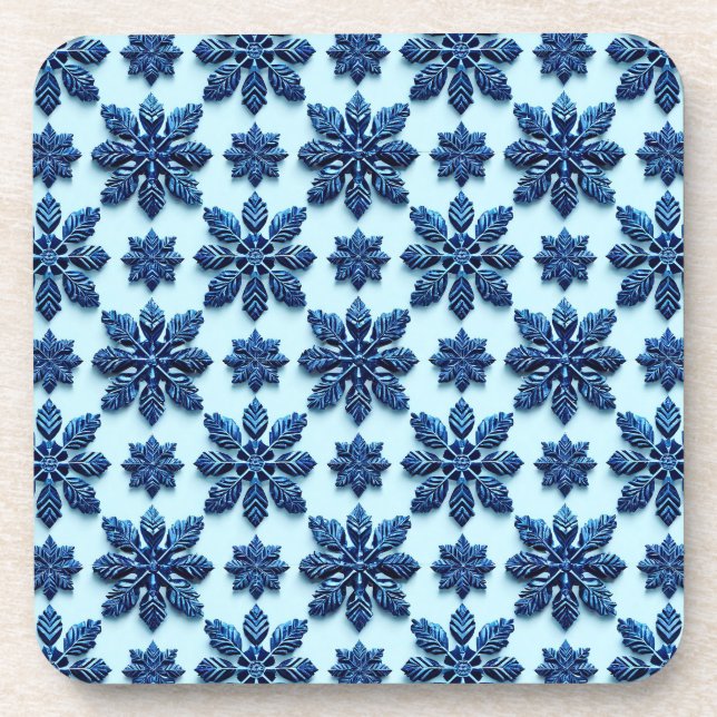 Blue Snowflake Patterned Background Beverage Coaster (Front)