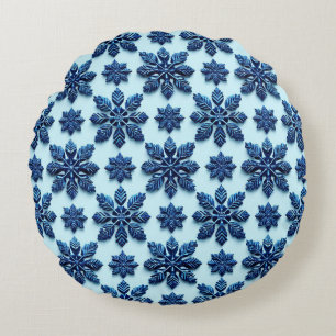 Blue Snowflake Patterned Background Round Pillow
