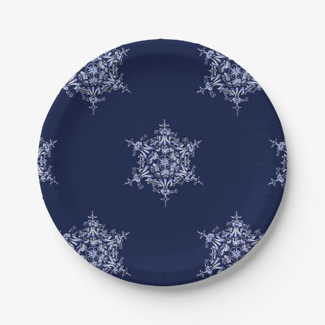 Blue Snowflake patterned Medium size Paper Plates (Front)
