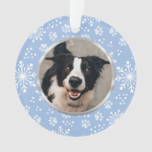 Blue Snowflake Paw Pattern Pet Photo Ornament