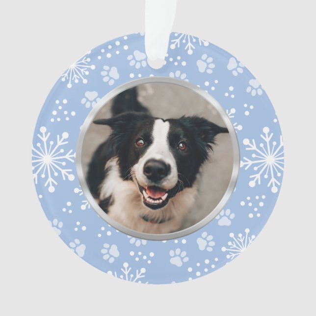 Blue Snowflake Paw Pattern Pet Photo Ornament (Front)