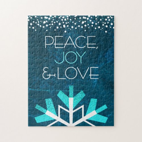 Blue Snowflake Peace Joy Love Modern Typography Jigsaw Puzzle