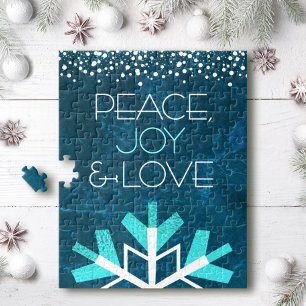 Blue Snowflake Peace Joy Love Modern Typography Jigsaw Puzzle