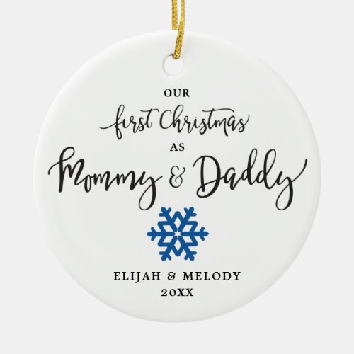 Blue Snowflake Personalized Mom and Dad Christmas Ceramic Ornament