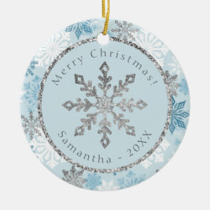 Blue Snowflake Personalized Name Date Ceramic Ornament