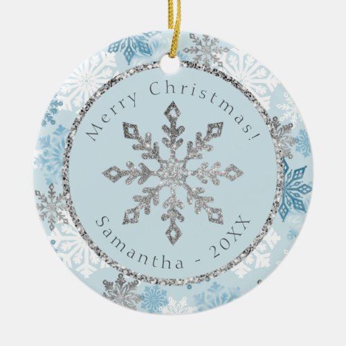 Blue Snowflake Personalized Name Date Ceramic Ornament