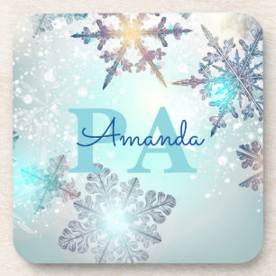 Blue Snowflake Personalized Name PA Beverage Coaster
