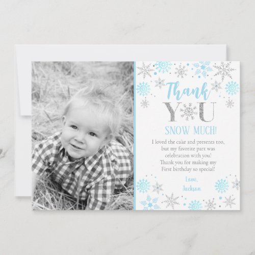 Blue Snowflake Photo 1st Birthday Thank You Card