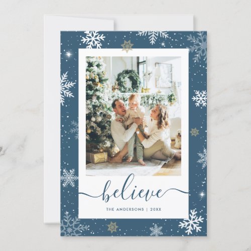 Blue Snowflake Photo Believe Christmas Cards