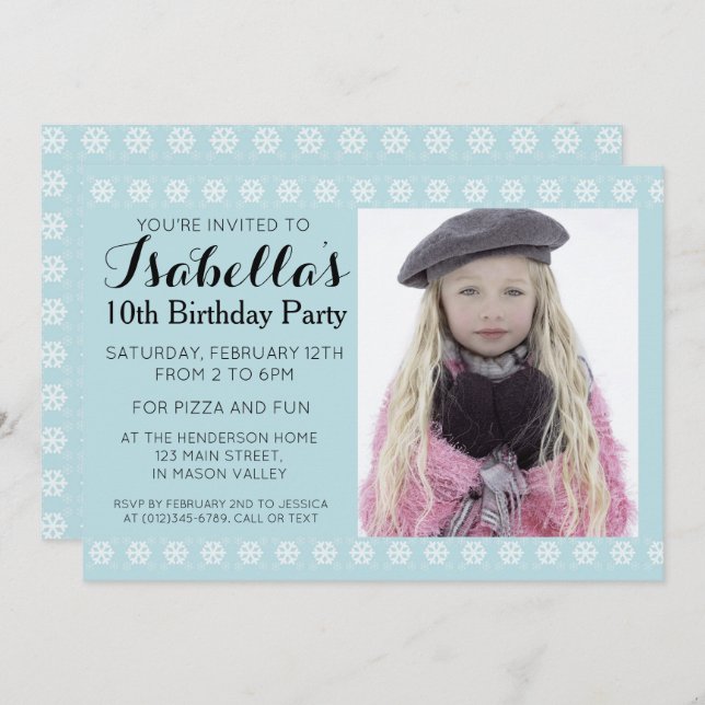 Blue Snowflake Photo Birthday Invitation (Front/Back)