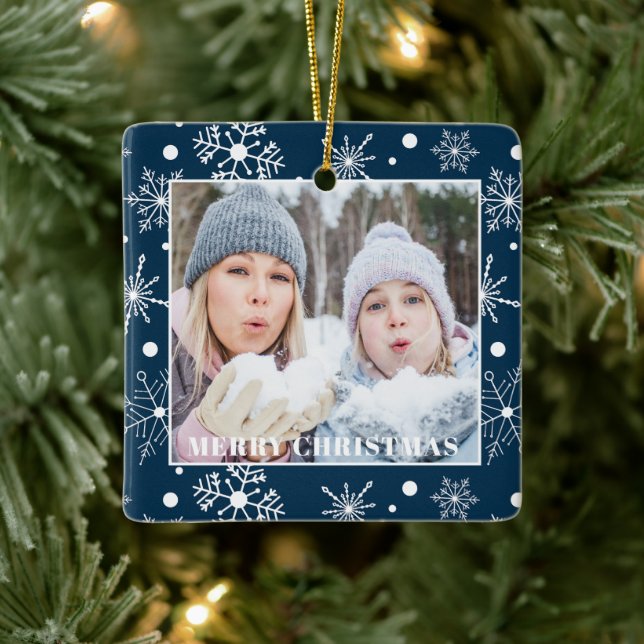 Blue Snowflake Photo Name Christmas Ornament (Tree)
