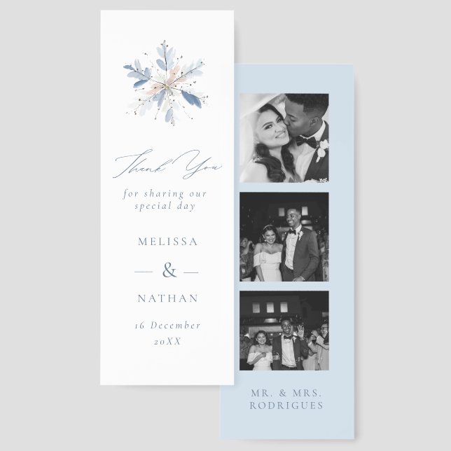 Blue Snowflake Photo Strip Wedding Thank You Bookmarks (Front & Back)