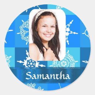 Blue snowflake photo template classic round sticker
