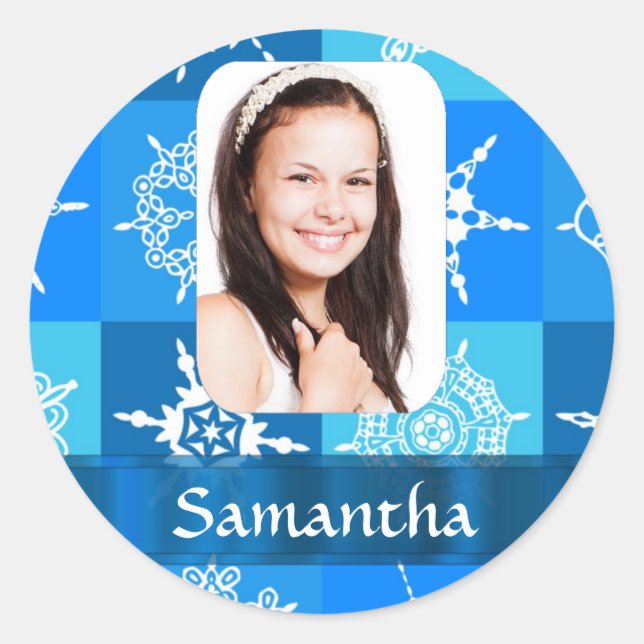 Blue snowflake photo template classic round sticker (Front)