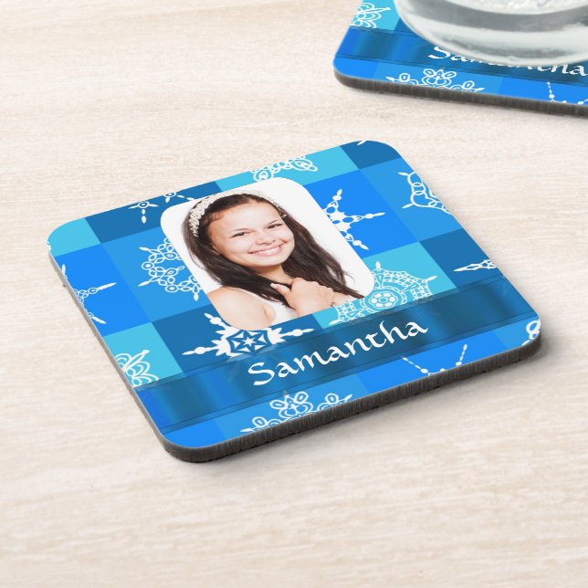 Blue snowflake photo template drink coaster (Left Side)