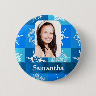 Blue snowflake photo template pinback button