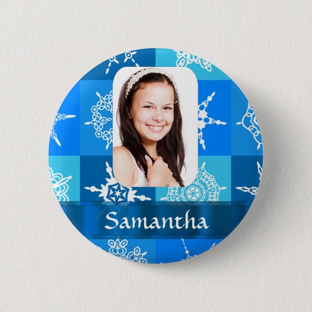 Blue snowflake photo template pinback button (Front)