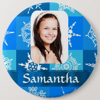 Blue snowflake photo template pinback button