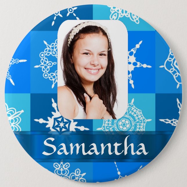 Blue snowflake photo template pinback button (Front)