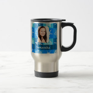 Blue snowflake photo template travel mug