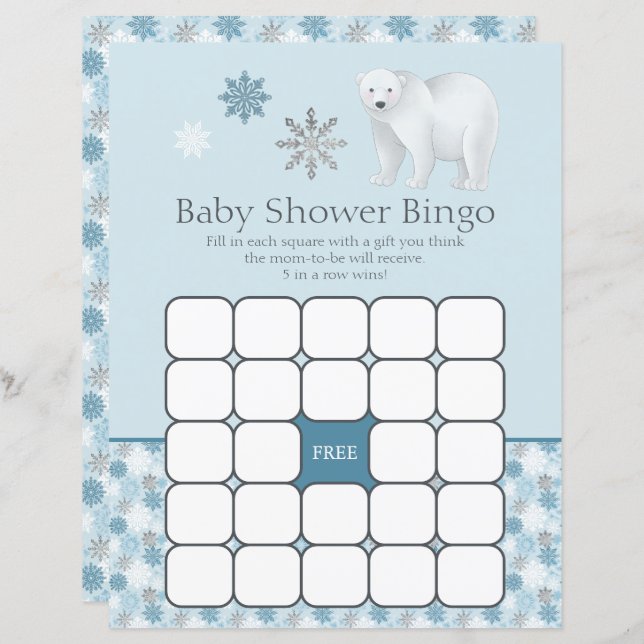 Blue Snowflake Polar Bear Baby Shower Bingo Game (Front/Back)