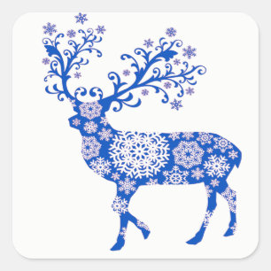 Blue Snowflake Reindeer Christmas Square Sticker