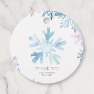 Blue Snowflake Round Favor Tag for First Birthday