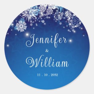 Blue Snowflake Sparkle Wedding Classic Round Sticker