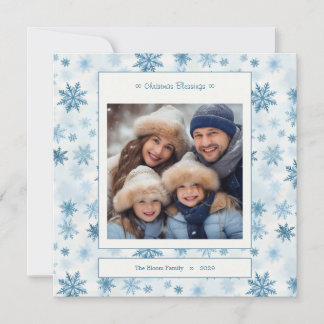 Blue Snowflake Square Watercolor Family Photo Holiday Card