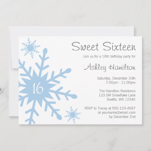 Blue Snowflake Sweet 16 Winter Birthday Invitation