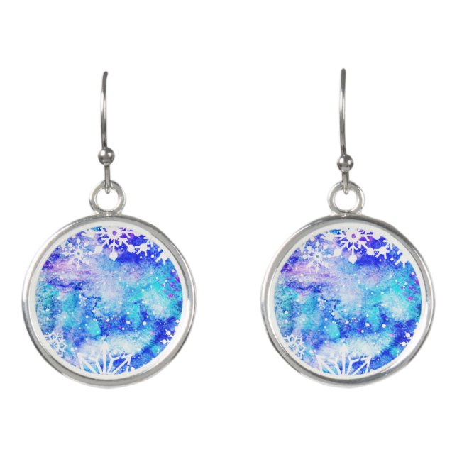 Blue Snowflake Watercolor Earrings (Front)