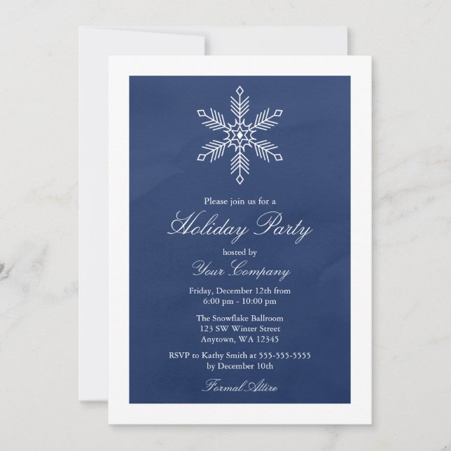 Blue Snowflake Watercolor Holiday Party Invitation (Front)