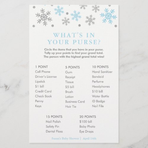 Blue Snowflake Whats in Your Purse Game Card