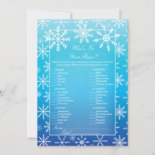 Blue Snowflake Whats In Your Purse Shower Game Invitation