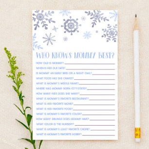 Blue Snowflake Who Knows Mommy Baby Shower Game Stationery