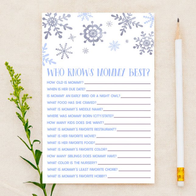 Blue Snowflake Who Knows Mommy Baby Shower Game Stationery (Creator Uploaded)