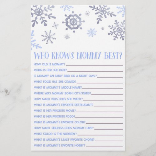 Blue Snowflake Who Knows Mommy Baby Shower Game Stationery